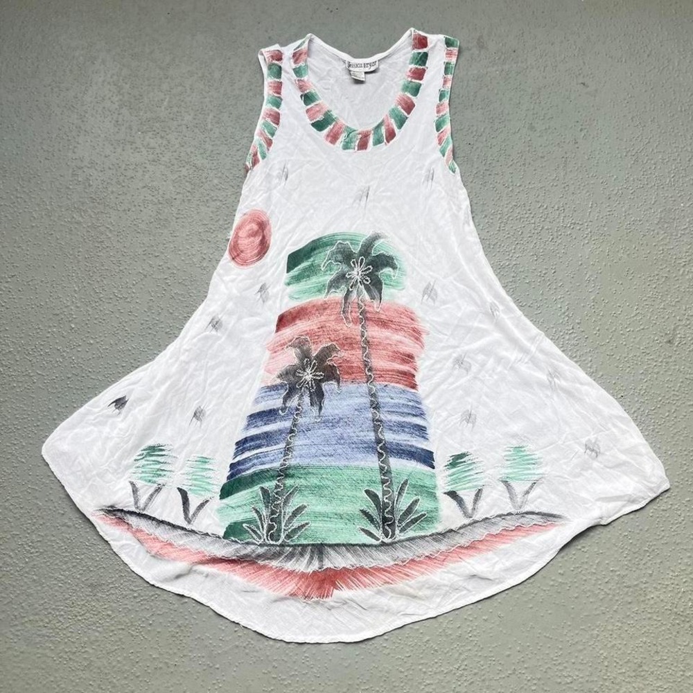 Jessica Taylor Dress White Palm Tree Size‎ M Sleeveless Casual Beach Cover Up